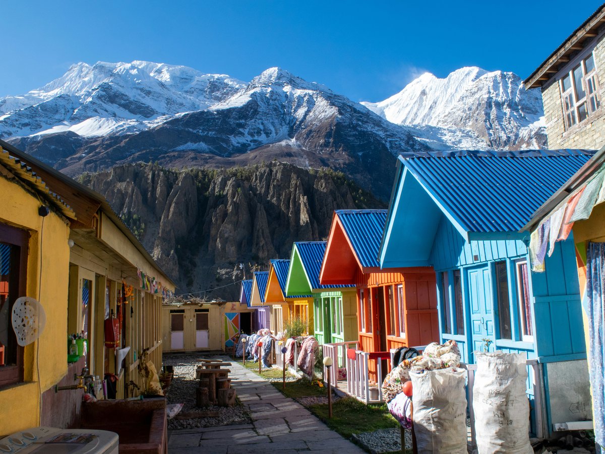 Manang in the Himalayas with snow-capped mountains in the background